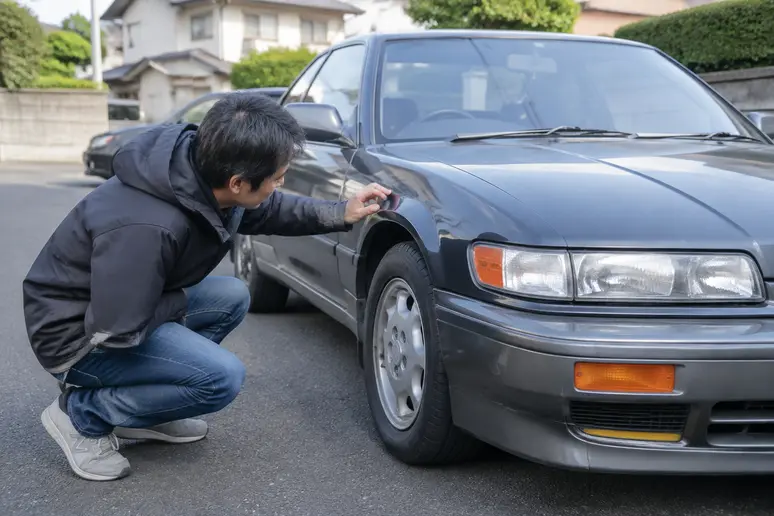 Inspection minutieuse de l'aile d'une youngtimer japonaise pour détecter la rouille avant achat.