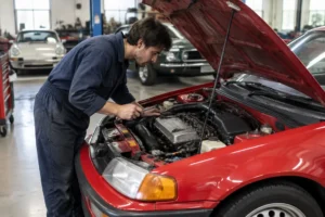 Un mécanicien inspecte le moteur d'une youngtimer japonaise classique dans un garage lumineux.