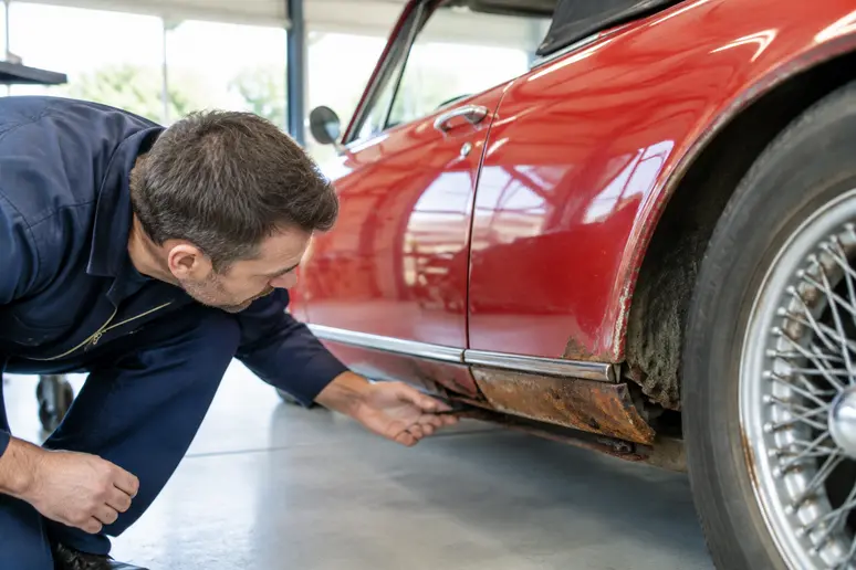 Examen minutieux des bas de caisse d'une youngtimer pas cher lors de l'achat
