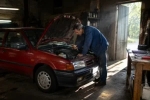 Un mécanicien inspecte le moteur d'une youngtimer pas cher dans un garage baigné de lumière naturelle.