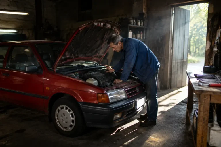 Un mécanicien inspecte le moteur d'une youngtimer pas cher dans un garage baigné de lumière naturelle.