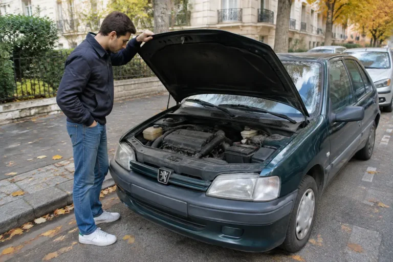 Un mécanicien examine le moteur d'une voiture ancienne pour évaluer sa cote peugeot 106 d'occasion.