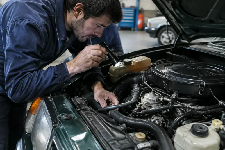 Inspection minutieuse du compartiment moteur d'une Peugeot 205 ancienne pour vérifier son authenticité.