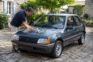 Un propriétaire nettoie une ancienne voiture vintage pour illustrer la cote peugeot 205.