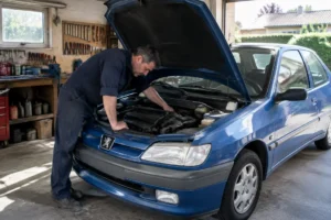 Un mécanicien examine le moteur pour estimer la cote peugeot 306 d'occasion