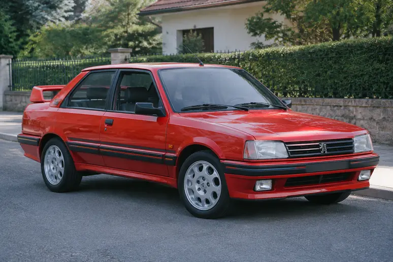 Peugeot 309 GTI rouge d'origine stationnée dans une rue calme montrant son état de conservation