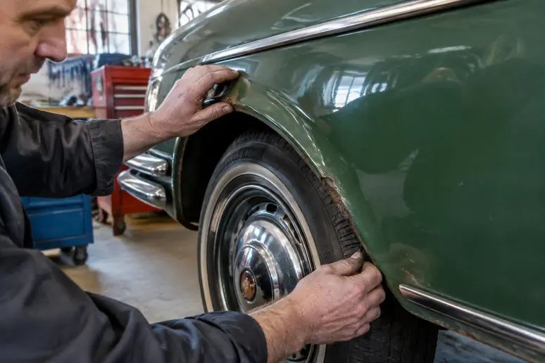 Inspection minutieuse de la carrosserie et des passages de roue d'une sportive ancienne pour repérer la corrosion