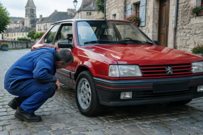 Un mécanicien inspecte une ancienne voiture sportive lors de son estimation sur la cote peugeot 309