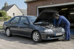 Une Peugeot 405 garée devant un garage illustre la cote peugeot 405 sur le marché de l'occasion.