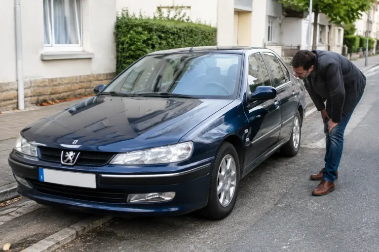 Un collectionneur inspectant la carrosserie d'une berline lors de l'évaluation de la cote peugeot 406.