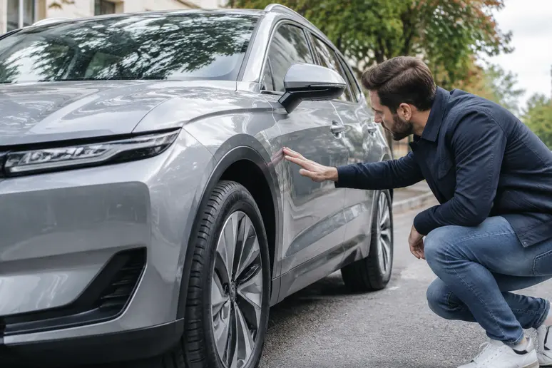 Exemplaire de Renault 5 électrique récente inspecté sur un parking pour évaluer son positionnement tarifaire.