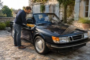 Un collectionneur vérifie l'état d'un cabriolet vintage pour analyser la cote saab 900 lors d'une estimation.