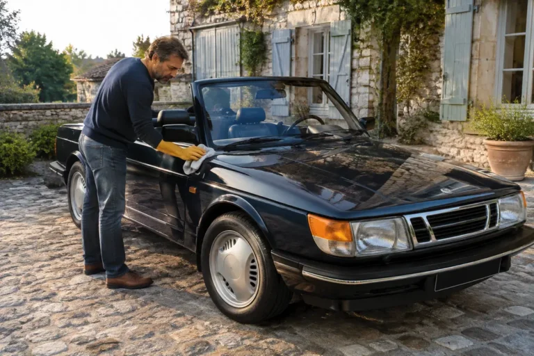 Un collectionneur vérifie l'état d'un cabriolet vintage pour analyser la cote saab 900 lors d'une estimation.