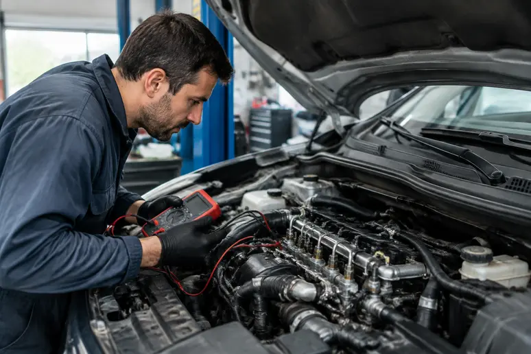 Technicien contrôlant l'état d'un système d'injection diesel pour estimer sa durée de vie