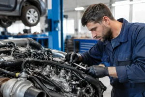 Un mécanicien inspecte un moteur dans un atelier pour analyser la durée de vie injecteur diesel
