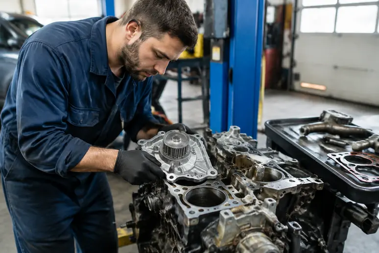 Intervention sur les périphériques d'un moteur 2.0 TFSI en atelier de réparation automobile