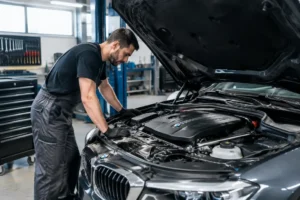 Mécanicien inspectant les composants sous le capot pour évaluer la durée de vie moteur 2.0 tfsi dans un atelier.