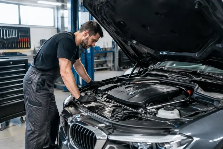 Mécanicien inspectant les composants sous le capot pour évaluer la durée de vie moteur 2.0 tfsi dans un atelier.