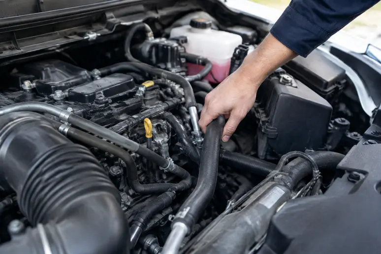 Vérification des durites et des périphériques moteur sous le capot d'une Alfa Romeo 156 JTD.