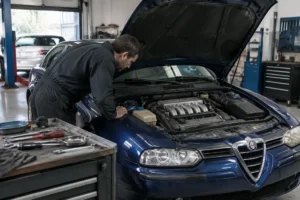 Un mécanicien examine le compartiment moteur lors d'un contrôle de la fiabilité alfa romeo 156 dans un atelier.