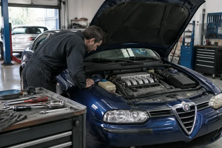 Un mécanicien examine le compartiment moteur lors d'un contrôle de la fiabilité alfa romeo 156 dans un atelier.