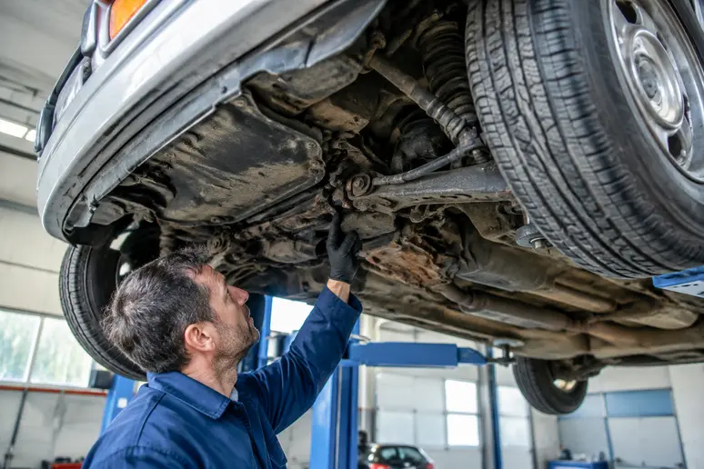 inspection minutieuse du châssis et des dessous de l'Audi 80 sur un pont élévateur