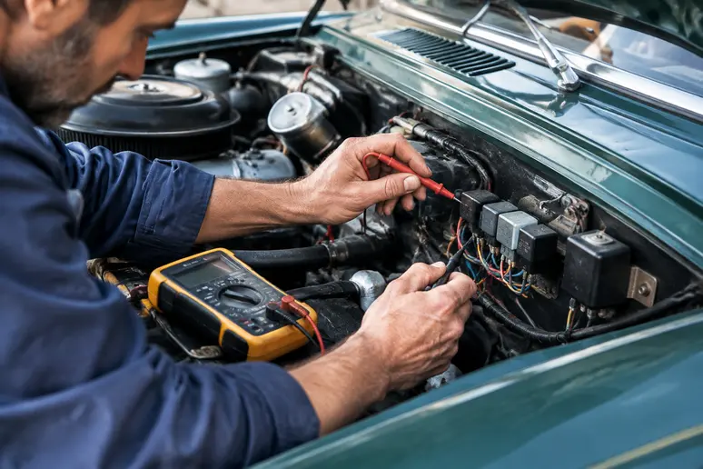 vérification des composants électriques et des relais sous le capot d'une Audi 80