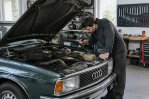 Un mécanicien examine le compartiment moteur d'une berline classique pour évaluer la fiabilité audi 80 en atelier.
