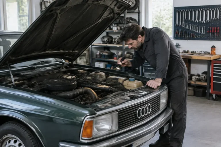 Un mécanicien examine le compartiment moteur d'une berline classique pour évaluer la fiabilité audi 80 en atelier.