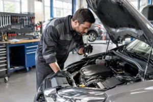 Un mécanicien inspecte le compartiment moteur dans un atelier pour évaluer la fiabilité honda civic.