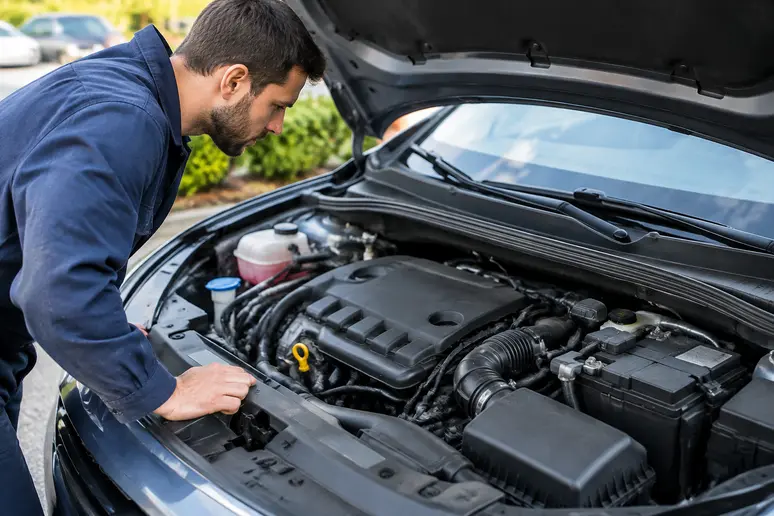 Inspection minutieuse du bloc moteur sous le capot d'une Hyundai i20 d'occasion.