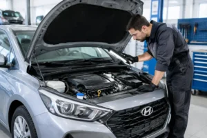 Un mécanicien inspecte le compartiment moteur dans un atelier pour évaluer la fiabilité hyundai i20.