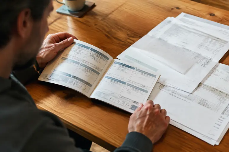 Examen attentif du carnet d'entretien et des factures d'une Kia Ceed d'occasion avant l'achat