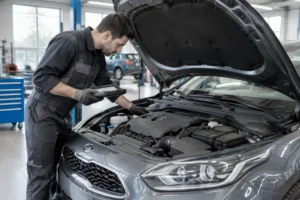 Un mécanicien examine le compartiment moteur d'une berline moderne pour évaluer la fiabilité kia ceed d'occasion.