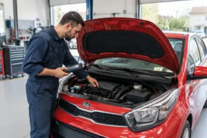 Un mécanicien examine le moteur dans un garage pour tester la fiabilité kia picanto.