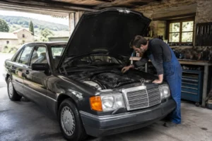 Un mécanicien inspecte le compartiment moteur d'une berline classique pour évaluer la fiabilité mercedes w124