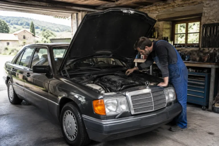 Un mécanicien inspecte le compartiment moteur d'une berline classique pour évaluer la fiabilité mercedes w124