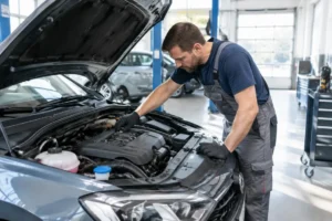 Un mécanicien inspecte le compartiment moteur dans un atelier lors d un contrôle de fiabilité opel corsa.