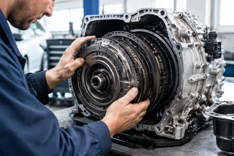 Mains d'un mécanicien inspectant une boîte de vitesses automatique lors d'un contrôle de fiabilité skoda fabia