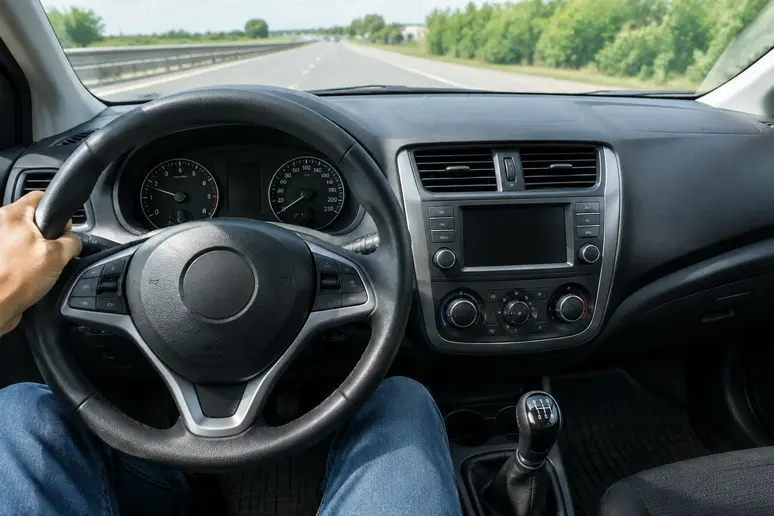 Console centrale et levier de vitesses d'une skoda fabia d'occasion observés pendant un essai routier