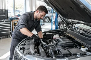 Un mécanicien examine le moteur d'un SUV lors d'un contrôle de fiabilité suzuki vitara dans un atelier.