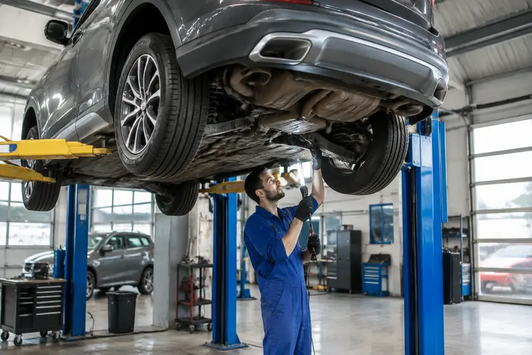 Examen minutieux du châssis d'un Volvo XC60 sur un pont élévateur en centre de contrôle technique