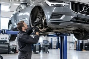 Mécanicien inspectant le train avant d'un SUV lors du contrôle technique pour évaluer la fiabilité volvo xc60.