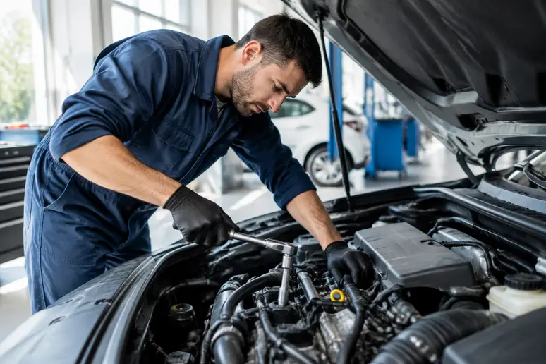 Mécanicien inspectant le compartiment moteur d'une voiture lors d'un devis de réparation