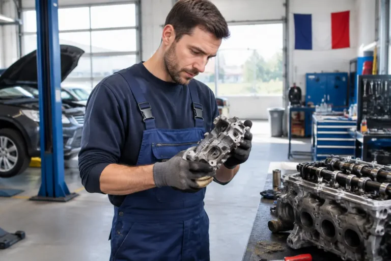 Un mécanicien examine des pièces mécaniques dans un garage lors d'un prix changement vanne egr.