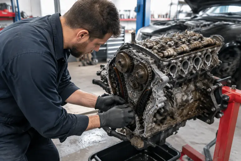 Intervention d'un mécanicien dans un garage automobile pour le remplacement d'une chaîne de distribution