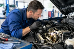 Un mécanicien inspecte la mécanique d'un moteur pour savoir quand changer chaine de distribution.