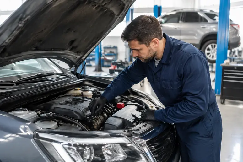 Mécanicien inspectant le moteur d'un SUV diesel d'occasion dans un atelier.
