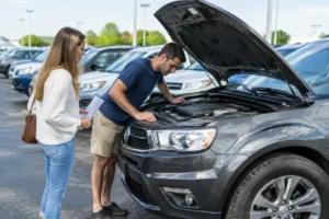Un couple examine le moteur d'un suv fiable pas cher sur un parking de concessionnaire automobile